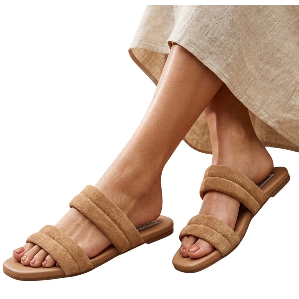 Steve Madden Marlin Tan Suede Double Strap Slide Sandals‎ 7 Flats